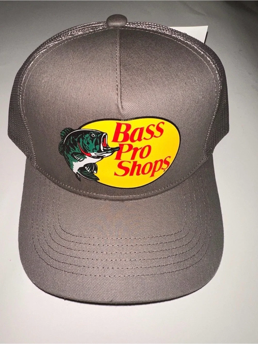 Bass Pro Shops Gray Hat with Yellow Logo and Green Fish Patch